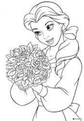Princess Belle Coloring Page Holding a Rose Bouquet