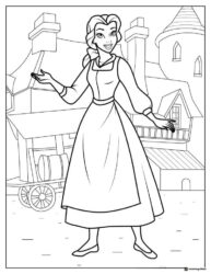 Princess Belle Coloring Page in village setting
