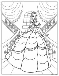 Princess Belle Coloring Page with a Rose on a Grand Staircase