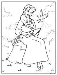 Princess Belle Reading with Bird Coloring Page