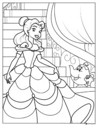 Princess Belle and Chip Coloring Page on stairs