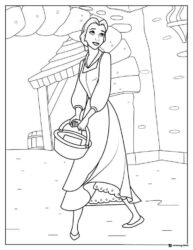 Princess Belle with Basket Coloring Page village