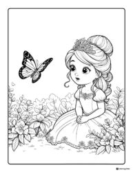 Princess Coloring Page Admiring a Butterfly in a Lush Garden