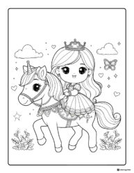 Princess Coloring Page Riding a Unicorn with Butterflies