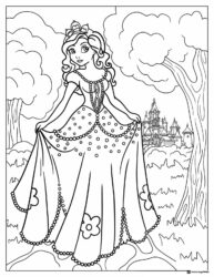 Princess Coloring Page in a Forest with a Distant Castle
