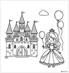Princess Coloring Page with Balloons and a Grand Castle