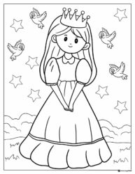 Princess Coloring Page with Birds and Stars
