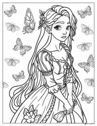 Princess Coloring Page with Long Hair and Butterflies