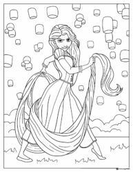 Princess Coloring Page with Long Hair and Lanterns