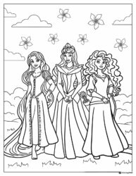 Princess Coloring Page with Three Princesses and Flowers