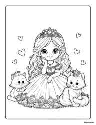 Princess Coloring Page with Two Royal Cats and Floating Hearts