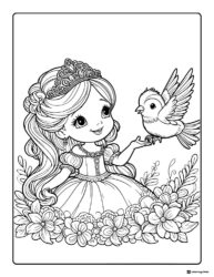 Princess Coloring Page with a Crowned Bird in a Garden