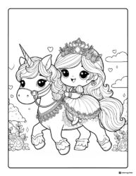 Princess Coloring Sheet Happily Riding a Unicorn in the Clouds