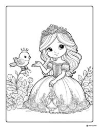 Princess Coloring Sheet with a Bird on Her Hand in Flowers
