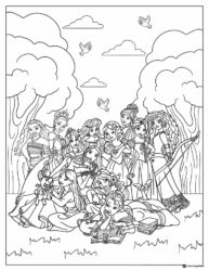 Princess Gathering Coloring Page in Forest