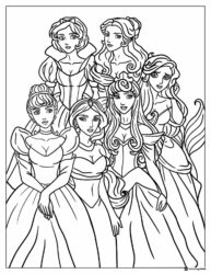 Princess Group Coloring Page in Elegant Gowns