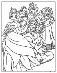 Princess Group Coloring Page in Varied Attire