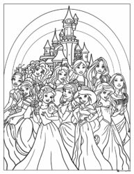 Princess Group Coloring Page with Castle Background