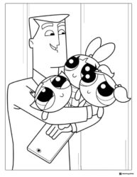 Professor Utonium Hugging Powerpuff Girls Coloring Sheet