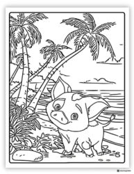 Pua Coloring Page on a beach with palm trees