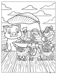 Pua Heihei and Kakamora Coloring Page with a big leaf