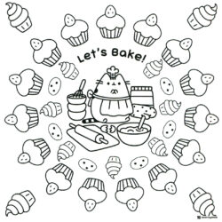 Pusheen Baking Cupcakes Coloring Page