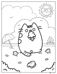 Pusheen Beach Day Coloring Page with Ice Cream