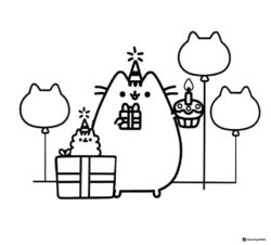 Pusheen Birthday Coloring Page with Gifts and Cupcake
