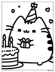 Pusheen Birthday Party Coloring Page with Cake and Gift
