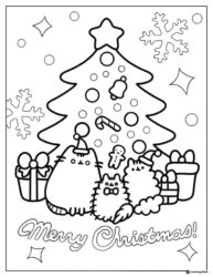 Pusheen Christmas Tree Coloring Page with Gifts