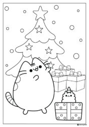 Pusheen Christmas Tree Decorating Coloring Page