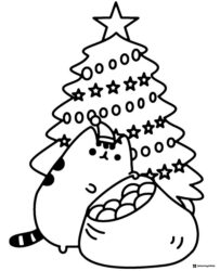 Pusheen Christmas Tree and Gifts Coloring Page