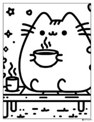 Pusheen Coloring Page Drinking Coffee