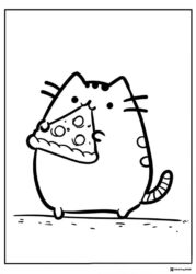 Pusheen Coloring Page Eating a Slice of Pizza