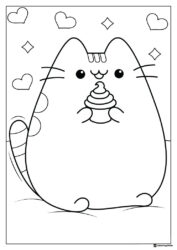 Pusheen Coloring Page Holding a Cupcake