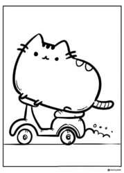 Pusheen Coloring Page Riding a Scooter