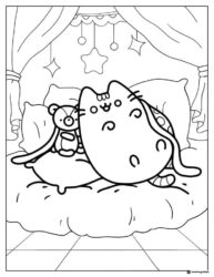 Pusheen Coloring Page in Bed with Teddy Bear