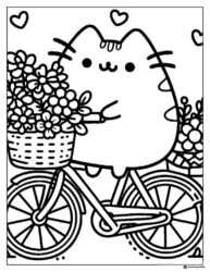 Pusheen Coloring Sheet Riding a Bicycle with Flowers