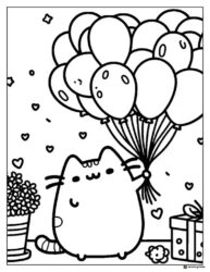 Pusheen Coloring Sheet with Balloons and Gift