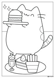 Pusheen Coloring Sheet with Burger and Desserts