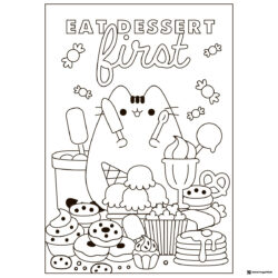 Pusheen Dessert First Coloring Page with Sweets