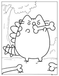 Pusheen Dinosaur Coloring Page with Bones