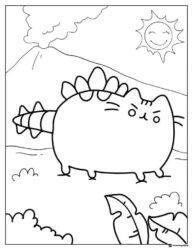 Pusheen Dinosaur Coloring Page with Volcano