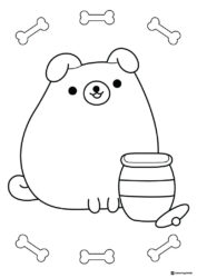 Pusheen Dog Coloring Page with Bones and Honey