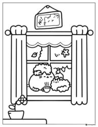 Pusheen Drinking Coffee by Window Coloring Page