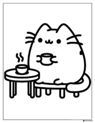 Pusheen Drinking Tea Coloring Page at Table