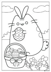 Pusheen Easter Bunny Coloring Page with Eggs