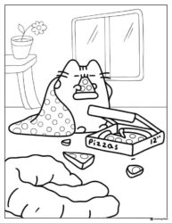 Pusheen Eating Pizza Coloring Page under Blanket