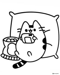 Pusheen Eating Snacks on Pillow Coloring Page