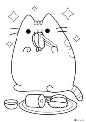 Pusheen Eating Sushi Coloring Page